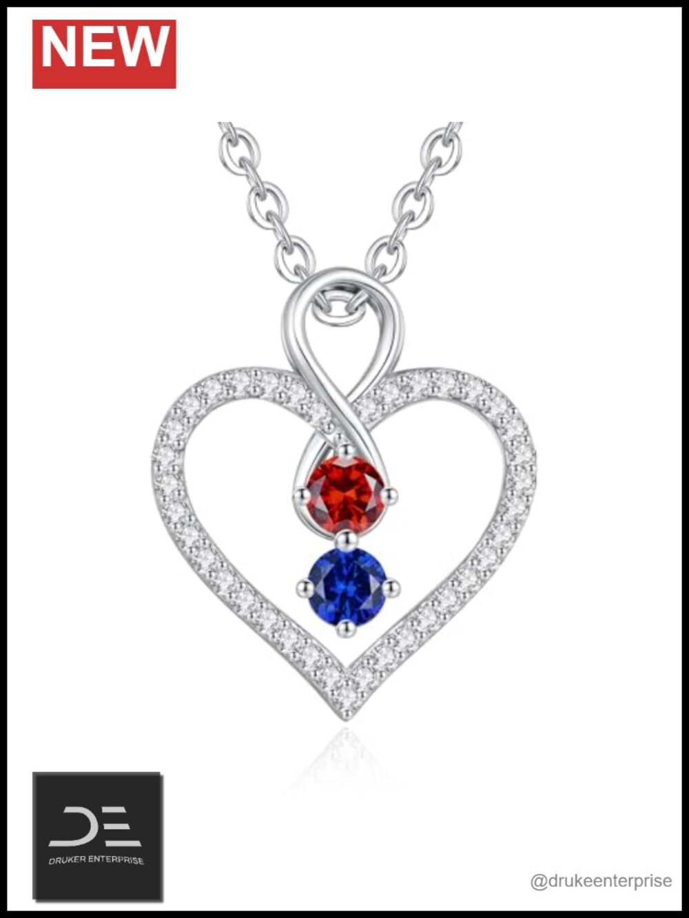 925 Sterling Silver Infinity Heart Double Birthstone Pendant Necklace